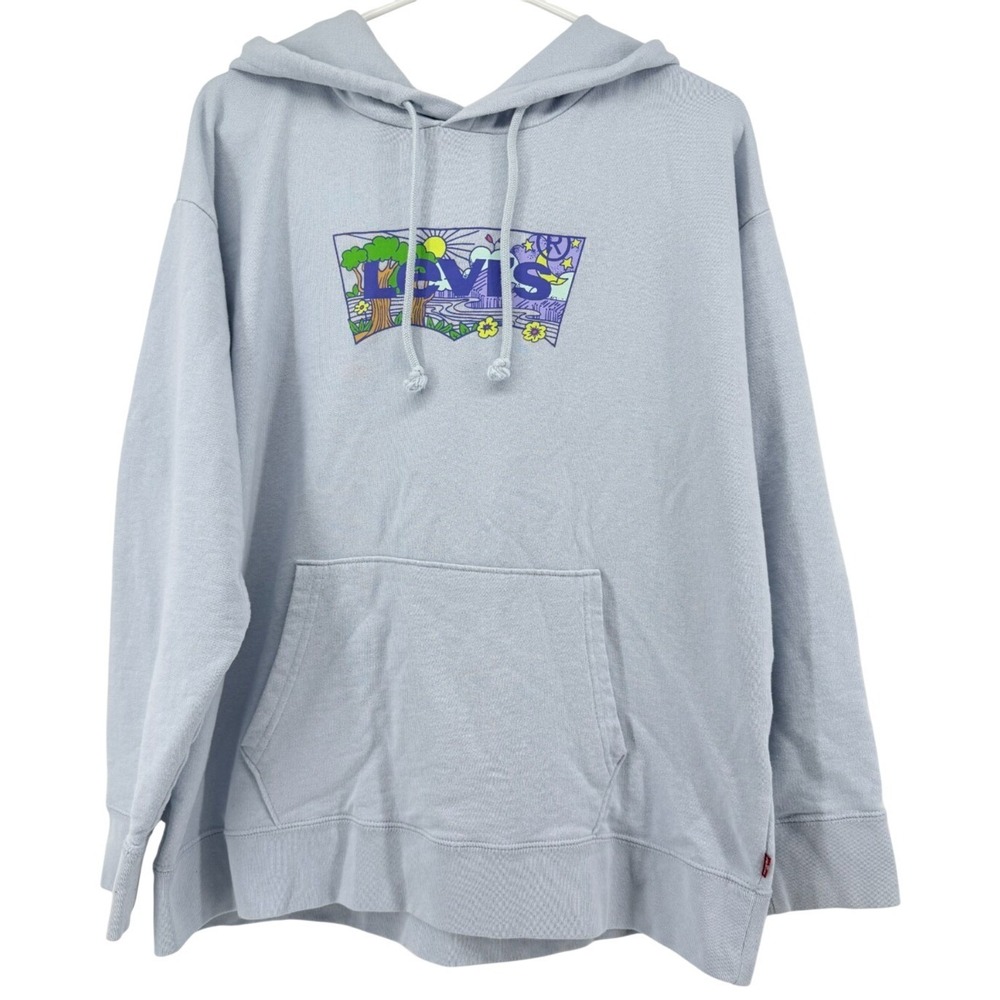 Levis Hoodie XL Graphic Logo Sweatshirt Blue Pullover Mens Womens